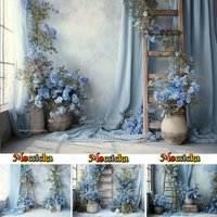 Mocsicka Maternity Portrait Backdrop Photography Blue Floral Curtains Window Ladder Background Decor Newborn Baby Photo Studio
