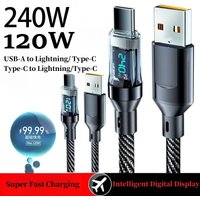 240W 120W LCD Power Display USB A to Lightning Cable, Fast Charge & Data Transfer for iPhone 14 Pro