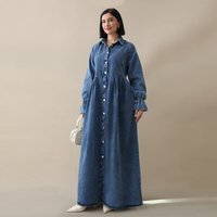 Denim Dress Women Eid Abaya Dresses Jalabiya Ramadan Long Robe Muslim Dubai Abayas Single Breasted Kaftan Islam Vestidos Morocco
