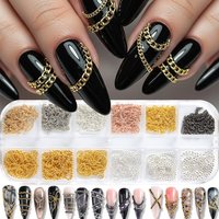 12Grids Metal Steel Ball Chain Punk Nail Charms 3D Gold, Silver, Black, Champagne Chains Studs Nail Jewelry Y2k DIY Manicure Dec