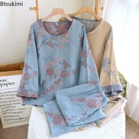 Women's Pearl Button Jacquard Chinese Style Pajama Sets Spring Autumn Thin Round Neck Home Suit Set Nightie Home Wear Outerwear