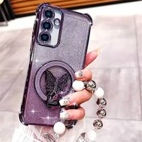 Bead Bracelet Butterfly Stand Phone Case For Samsung A17 A37 A57 A16 A36 A56 A15 A35 A55 A14 A54 Shockproof Glitter Soft Cover