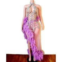 Sexy Purple Neck Hanging Spider Web 2PCS Set Gauze See-through Dress Carnival Performance Singer Dance Costume Drag Queen Stage