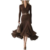 Women's Elegant Brown Ribbed Knit Dress Surplice V Neck Long Sleeve Belted Ruffle Hem Midi Dress Formal Party Evening Dress