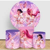Kpop Demon Hunters Round Backdrop Cover Pink 3PCS Cylinder Covers Fabric Birthday Party Baby Shower Photo Booth Background Decor