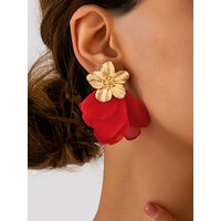 Vintage Metal Gold Flower Red Chiffon Petal Earrings, Exaggerated Fabric Flower Long Earrings, Romantic Wedding Bride Atmosphere Earrings, Women's Evening Party Trendy Accessories