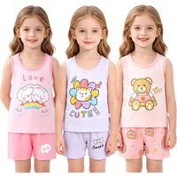 Girls Pajamas Sets Summer Cotton Kids Pyjamas Girl Toddler 2 3 4 5 6 Years Pink Bear Cat Flower Sleeveless Pijamas Home Clothes