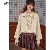 ELFSACK 2025 Winter New Arrivals Soft Preppy Lapel Collar Ruffled Cuff Long-sleeve Shirt For Woman