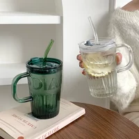400ml Retro Glass Tumbler With Lid And Straw Glass Coffee Cup Thick Glass Mug Milk Juice Cup Transparent/Green Juice Mocha Cups