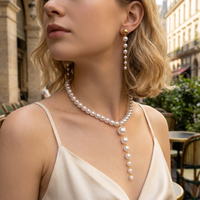 Retro Luxury Imitation Pearl Y shape Necklace Earring Set for Women Elegant Round Bead Pendant Tassel Suit Wedding Party Gift