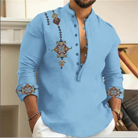 Retro pattern solid color linen men's long sleeved shirt, casual and comfortable, fashionable and trendy, digital printing