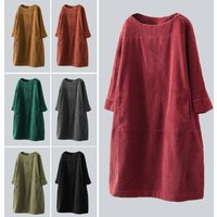 Ladies Pure Color Wide Fit Dress Street Style mid Waist Regular Sleeve round Neck Summer Fashion Single Piece