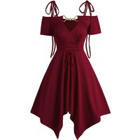 Dressfo 2025 Women's Black Dresses Cold Shoulder Lace Up Asymmetric Dress Tie Knot Shoulder Chain Solid Color Short Sleeve Dress