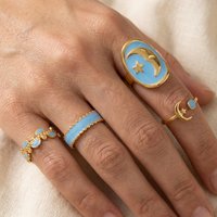 4PCS/Set Stainless Steel Light Blue Star Moon Ring Set Women's French Vintage Open Finger Ring Stackable Personality Jewelry