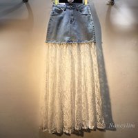 2025 Summer New Long Denim Splicing Jacquard Lace High Waist Thin Skirt for Ladies, Big Swing Skirt for Women Street / Party