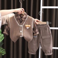 Children's Knitted Suits 2025 Spring Autumn Baby Boy Clothes 1-5T Cartoon V-neck Sweater Vest + Shirts + Pants Kids Outfits Sets