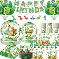 Dinosaur Birthday Decoration Party Supplies Set Cup Plate Tablecloth Dinosaur Balloons Happy Banner Cake Topper for Kids Favors