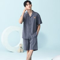 MiiOW Pure Cotton Short Sleeve Shorts Sleepwear Men's Summer Homewear Large Size Cartoon Print Cardigan Men 2 Piece Set Pajamas