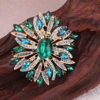 Gold-Tone Crystal Floral Brooch - Green & Blue Rhinestones, Vintage Luxurious Design, for Formal Events , Ideal Gift