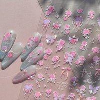 1pcs Sweet Pink Flower Nail Art Stickers Crystal Diamond 5D Rose Butterfly Self Adhesive Nails Stickers DIY Manicure Decorations