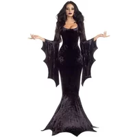 Witchy Kostüm Morticia Addams Langes Schleppe-Kleid Halloween Terror Dunkles Outfit Gothic-Kleid Robe Fledermausärmel Horror für Erwachsene S-XL