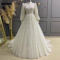 Muslim Exquisite A-line Wedding Dresses Draped Pleat Paillette Applique Lace Brush Train Floor Length Bride Dress robe de mariée