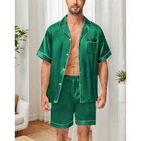 Men's Silky Satin 2Pcs Pajama Set Short-Sleeve Lapel Chest Pocket Shirt And Shorts Smooth Touch Soft Sleepwear Cozy Nightshirts