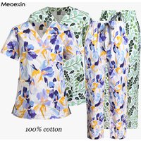 Scrubs Medical Uniforms Women 100% Cotton Flower Print Short Sleeved Top Straight Pants Set Nurse Doctor Work Wear Spa Uniform