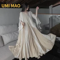 UMI MAO Chinese Style Loose Super-long Ankle-length Oversized Swing Raw Edge Stitching Literary Heavy Work Elegant Dress Woman