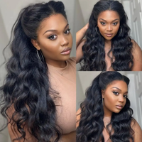 26โLong Black Color Soft body wave 180Density Lace Front Wig Synthetic For Women High Temperature Glueless Daily