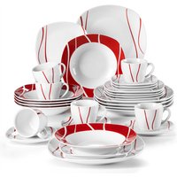 MALACASA 30 Piece Red Stripes Ivory White Porcelain Tableware Dinner Set with 6 Piece Cups Saucers Dessert Soup Dinner Plate