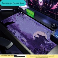 Mystical Purple Night with Black Cat Silhouette & Japanese Pagoda Extended Gaming Mouse Pad, XXL Desk Mat with Stitched Edges, 2