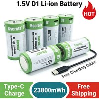 1.5V D1 Li-ion Battery 23800mWh Rechargeable D Battery with Charging Cable for Gas Cooker Water Heater Flashlight Radio Tool Toy