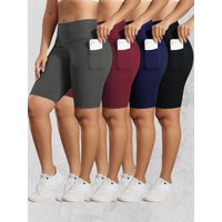 CHRLEISURE Women Solid Yoga Shorts with 3 Pockets High Waist Butt Lifting Workout Tights Gym Elastic Cycling Shorts Activewear