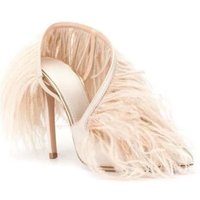 Europe America Women High Heeled Shoes For Woman's Feather Fur Thin Heels Pointed Toe Elastic Cord Pumps Mujer Party Dance Shoes