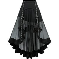 Gothic Grommets Stripe Sheer Mesh Ruffles High Low Skirt Black Punk Costumes Women Asymmetric Skirt