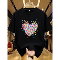【YJ00016】colorful heart Plus size women's round neck short sleeve T-shirt with elastic half sleeves and trendy prints