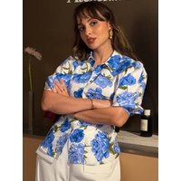 HH Women's Summer Fashion Lapel Single Breasted Blue Flower Printed Poplin Shirt Female High Street Casual Short Sleeve Shirt