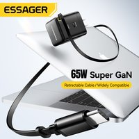 Essager 65W GaN Charger with Retractable Flexible Cable US Plug for iPhone 16 15 14 Pro Huawei MacBook Laptop USB-C Fast Charger