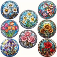 8-piece floral themed wooden coaster set, round and durable composite wooden coaster for desktop protection