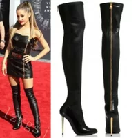 Women Sexy Silver Mirror Thigh High Boots Metal Decoration PU High Heels 11CM Thin Heels Rear Zipper Solid Color Boot Shoes