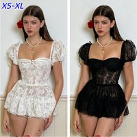 Gothic Black Lace Retro Princess Women Casual Sweet Elegant Bodycon Short Party Dress Office Lady Fashion Y2k Vintage Clothing