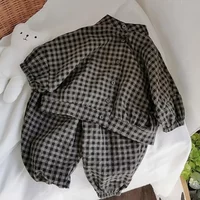 Kid Girls Korean Style Cotton Linen Suits Spring Autumn 2025 New Summer Baby Girl Fashion Casual Plaid 7-point Sleeve 2pcs Sets