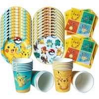 60 szt. Zestaw naczyń z motywem Pokemonów Pikachu, dekoracje urodzinowe, jednorazowe kubki, talerze, serwetki, akcesoria na przyjęcie urodzinowe, zabawki.