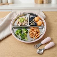 3-Compartment Stainless Steel & Food-Grade Silicone Shell, Simple Classic Design with 4 Strong Suction Plates Baby Feeding Set