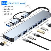 USB C Hub USB Hub 3.0, Aluminum 7 in 1 USB Extender, USB Splitter with 1 X USB 3.0, 4 X USB 2.0 and 2 X USB C Ports