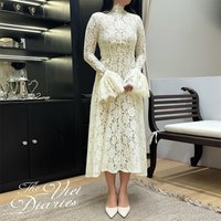 Suninheart Damen Weißes Spitzenkleid mit Hohem Kragen Bodenlange Maxi-Robe mit Glockenärmeln Hochzeitsgast Formelles Abendkleid