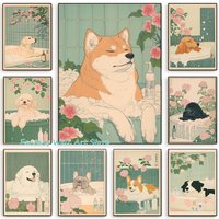 Japanese Shiba Dog in Bathtub Poster Prints Canvas Painting Retro Aesthetic Wall Art Picture Japandi Bathroom Toilet Home Decor