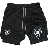 Summer Men's Spider Print Fitness Shorts Casual Sports Compression Shorts 2 In 1 Running Training Mesh
