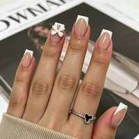 Square White French Press On Nails 24Pcs Nude Pink Fake Nails with 3D White Bowknot Decor Reusable Glossy Stick On False Nail